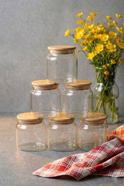 Bambu Kapaklı Vakumlu 6lı Cam Baharatlık Kavanoz 290 ml