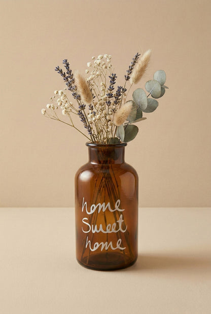 Amber Cam Dekoratif Vazo – “Home Sweet Home” Yazılı, 20 cm Süs Bitkisi Vazosu- Vintage Ev Aksesuarı