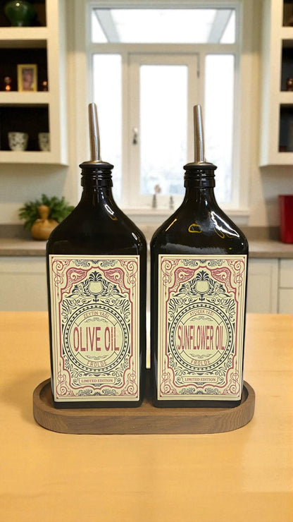 Ahşap Stantlı 2'li Amber 500 ml Yassı Cam Ayçiçek Yağı Zeytinyağı Şişesi Yağdanlık