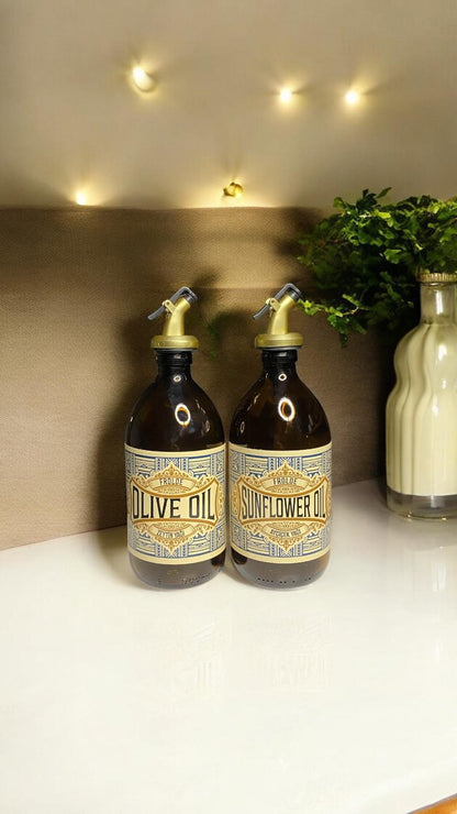 2’li Gold Altın Tıpalı Amber 500 ml Ayçiçek Yağı Zeytinyağı Şişesi Yağdanlık