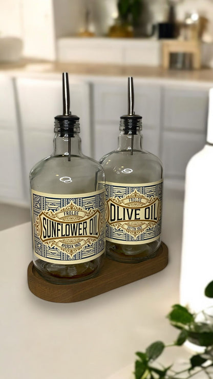 Ahşap Stantlı 2'li ÇelikTıpalı 750Ml Cam Ayçiçek Yağı Zeytinyağı Şişesi Yağdanlık Vintage Retro