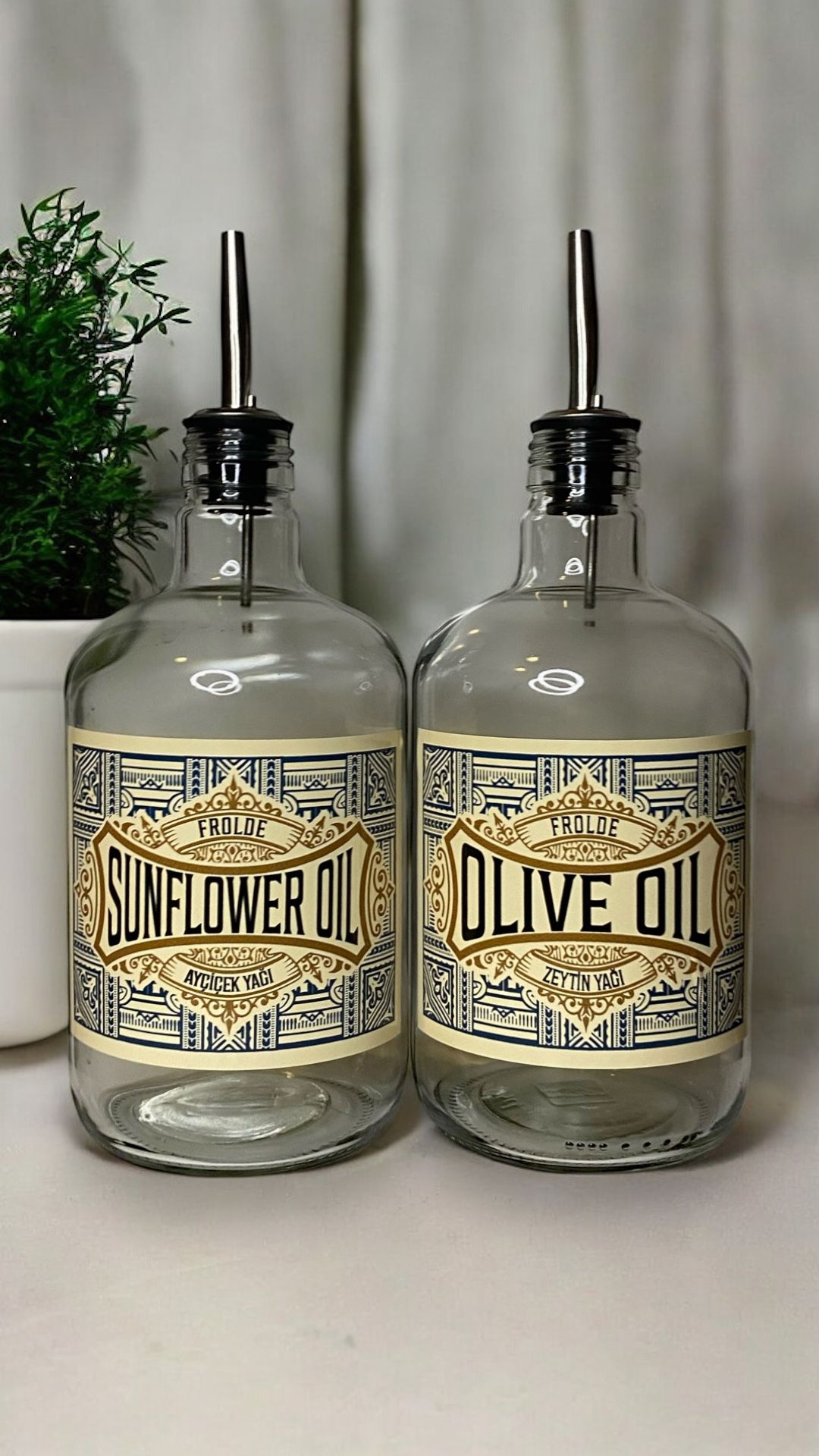 2'li Şeffaf Çelik Tıpalı 750Ml Cam Ayçiçek Yağı Zeytinyağı Şişesi Yağdanlık Vintage Retro