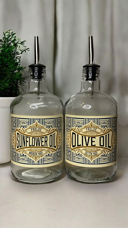 2'li Şeffaf Çelik Tıpalı 750Ml Cam Ayçiçek Yağı Zeytinyağı Şişesi Yağdanlık Vintage Retro