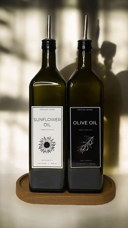 Ahşap Stantlı 2'li Vintage Amber 1000 Ml Cam Ayçiçek Yağı Zeytinyağı Şişesi Yağdanlık