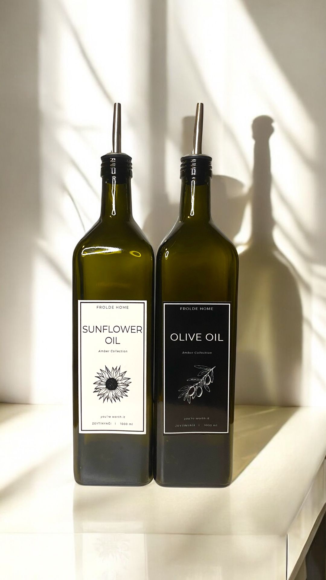 2'li Amber 1000 Ml Cam Ayçiçek Yağı Zeytinyağı Şişesi Yağdanlık Vintage