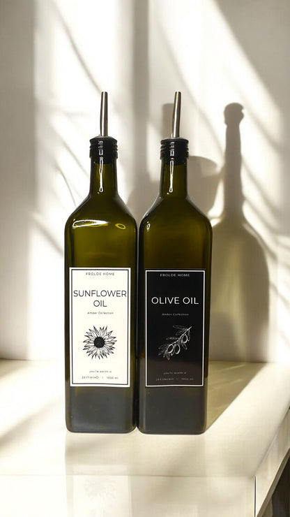 2'li Amber 1000 Ml Cam Ayçiçek Yağı Zeytinyağı Şişesi Yağdanlık Vintage