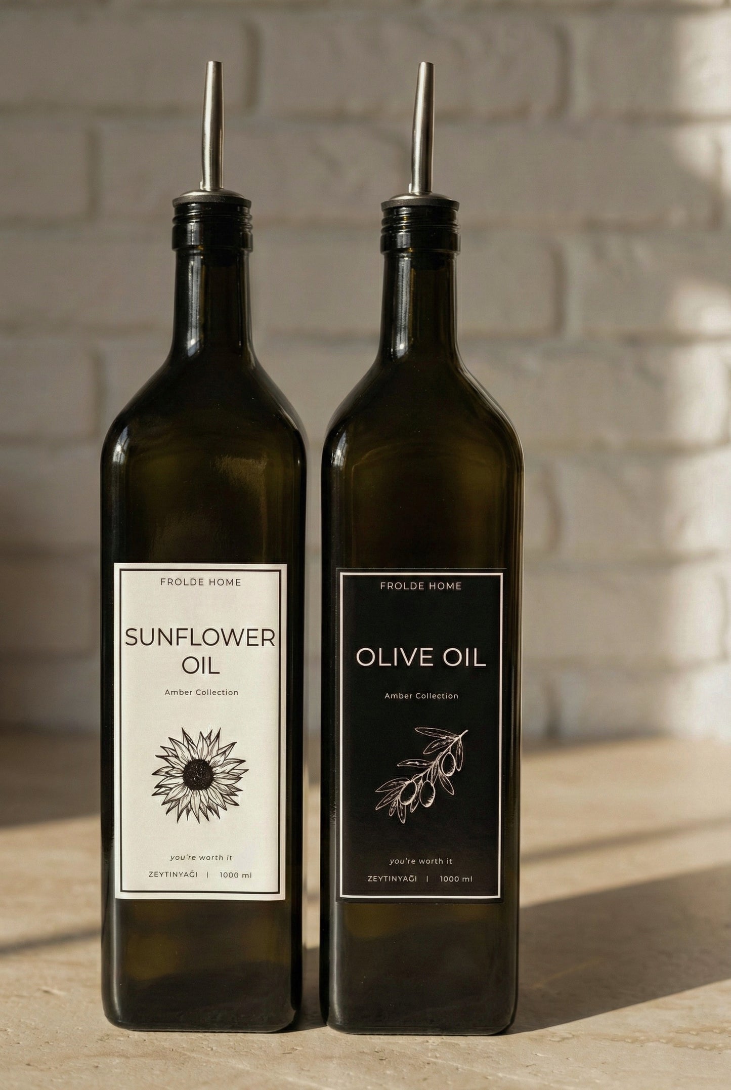 Ahşap Stantlı 2'li Vintage Amber 1000 Ml Cam Ayçiçek Yağı Zeytinyağı Şişesi Yağdanlık