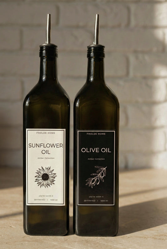 2'li Amber 1000 Ml Cam Ayçiçek Yağı Zeytinyağı Şişesi Yağdanlık Vintage