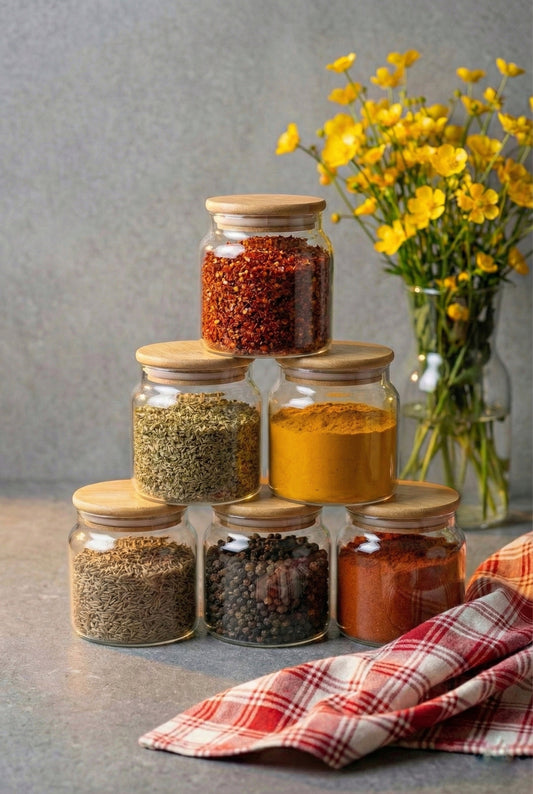 Bambu Kapaklı Vakumlu 6lı Cam Baharatlık Kavanoz 290 ml