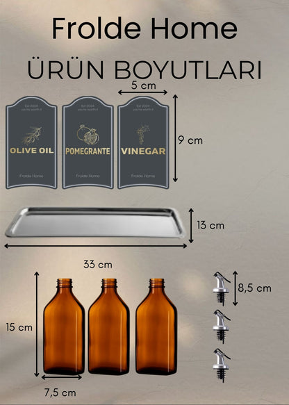 Çelik Stantlı 3lü Amber Set Zeytinyağı Sıvıyağ Sirke Şişesi Yağdanlık Vintage Retro