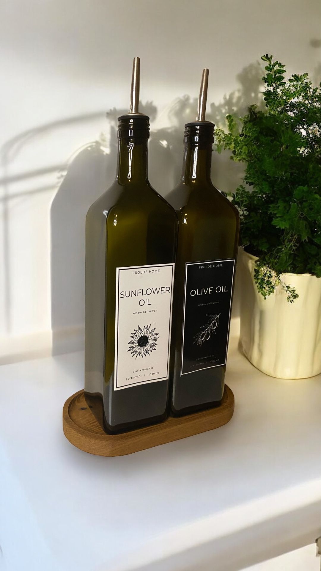 Ahşap Stantlı 2'li Vintage Amber 1000 Ml Cam Ayçiçek Yağı Zeytinyağı Şişesi Yağdanlık