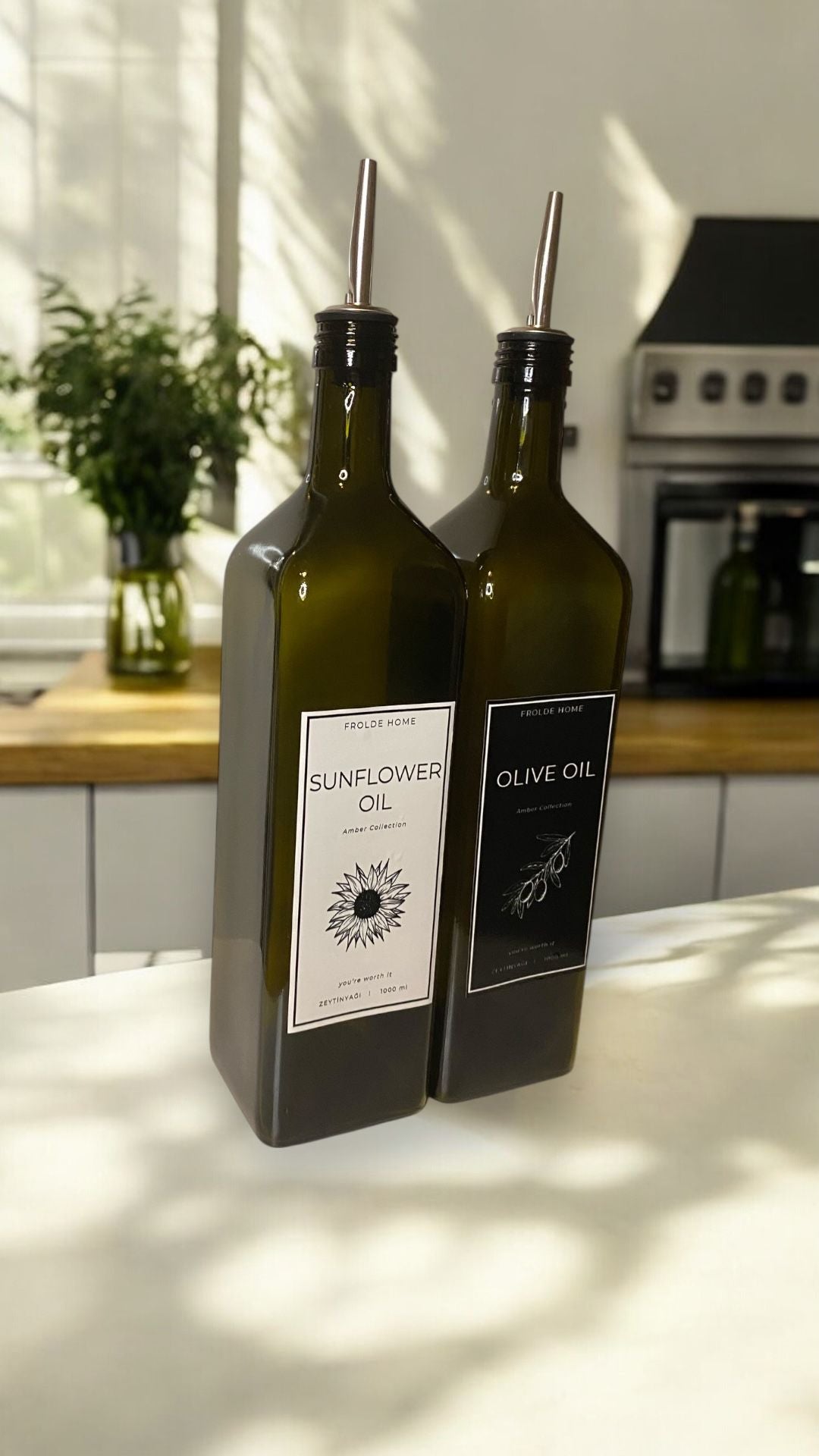 2'li Amber 1000 Ml Cam Ayçiçek Yağı Zeytinyağı Şişesi Yağdanlık Vintage