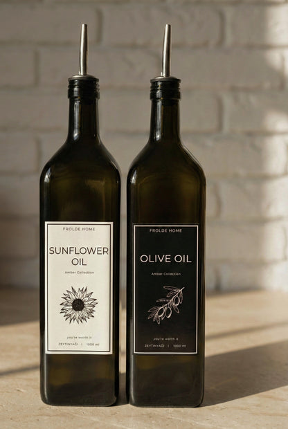 Ahşap Stantlı 2'li Vintage Amber 1000 Ml Cam Ayçiçek Yağı Zeytinyağı Şişesi Yağdanlık
