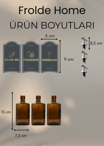 3lü Amber Set Zeytinyağı Sıvıyağ Sirke Şişesi Yağdanlık Vintage Retro