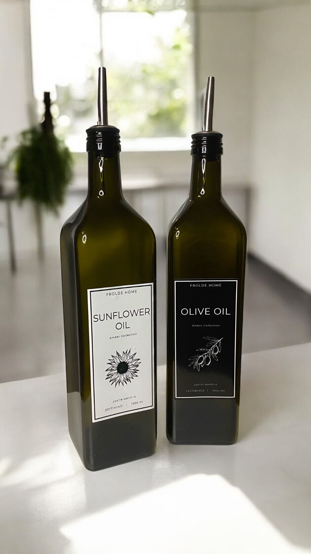 Ahşap Stantlı 2'li Vintage Amber 1000 Ml Cam Ayçiçek Yağı Zeytinyağı Şişesi Yağdanlık