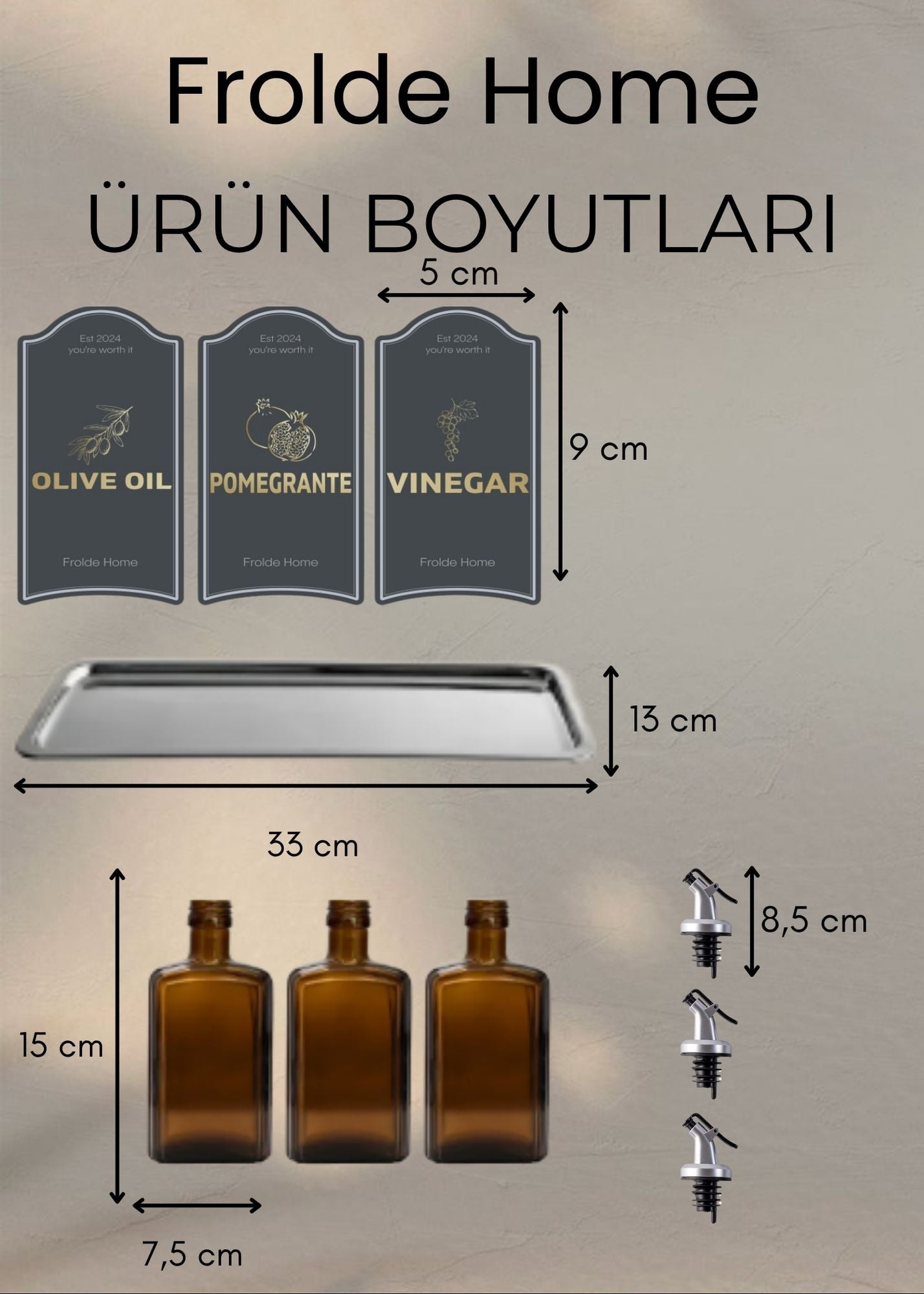 Çelik Stantlı 3lü Amber Set Zeytinyağı Sıvıyağ Sirke Şişesi Yağdanlık Vintage Retro