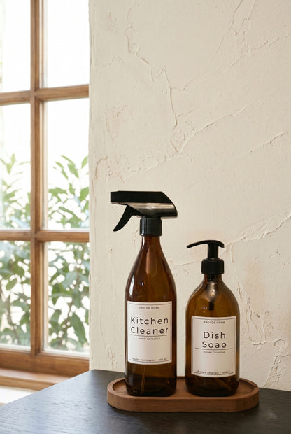 Ahşap Stantlı 2'li Amber Cam Bulaşık Deterjanı Kitchen Cleaner Sıvı Sabunluk 500ml