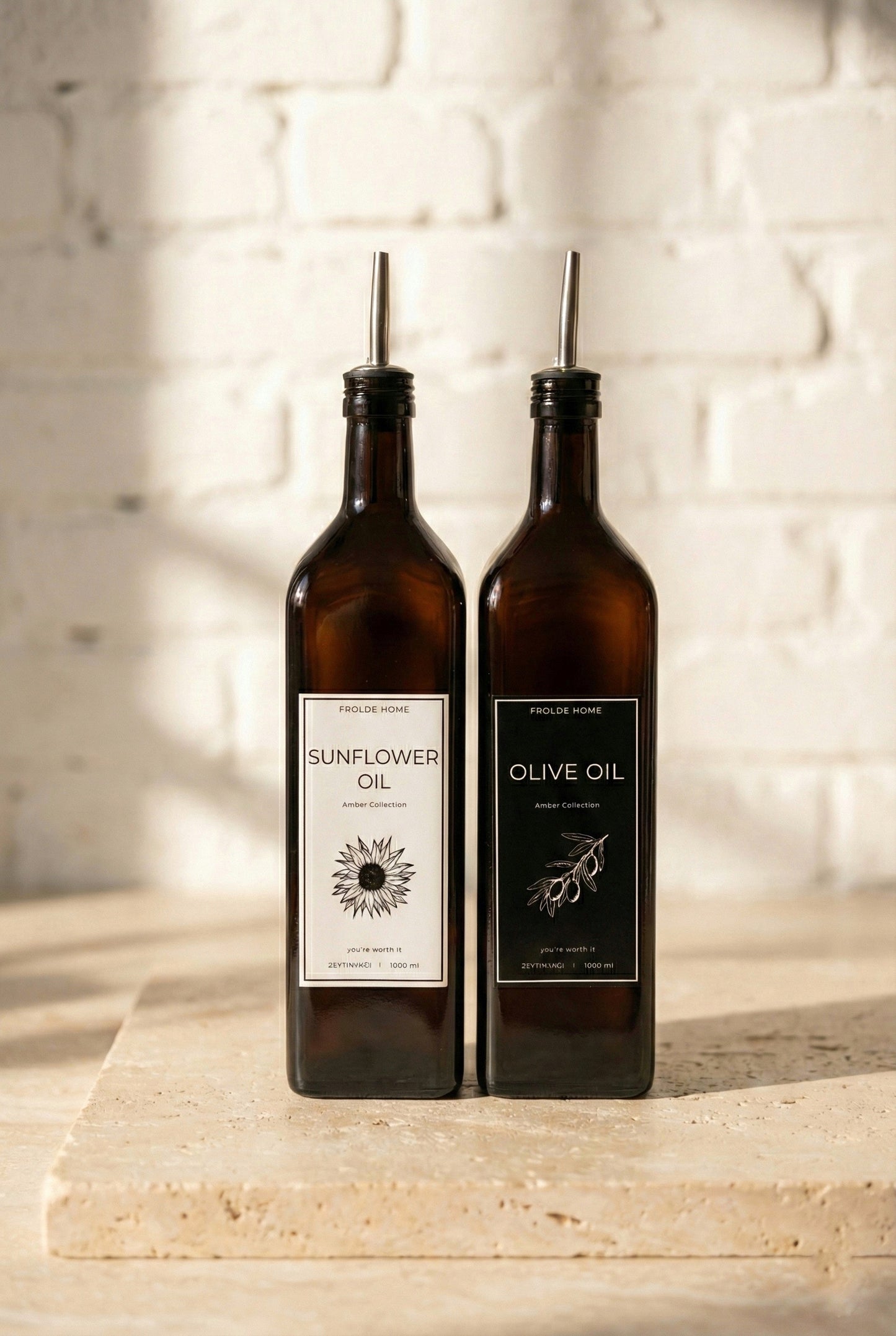Ahşap Stantlı 2'li Vintage Amber 1000 Ml Cam Ayçiçek Yağı Zeytinyağı Şişesi Yağdanlık
