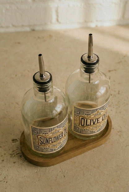 Ahşap Stantlı 2'li ÇelikTıpalı 750Ml Cam Ayçiçek Yağı Zeytinyağı Şişesi Yağdanlık Vintage Retro