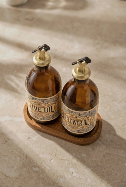 2’li Gold Altın Tıpalı Amber 500 ml Ayçiçek Yağı Zeytinyağı Şişesi Yağdanlık