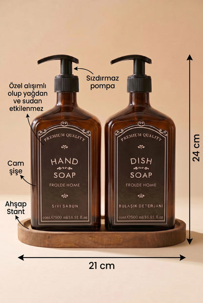 Ahşap Stantlı 2'li Premium Sıvı Sabunluk Amber Cam 500 ml Vintage