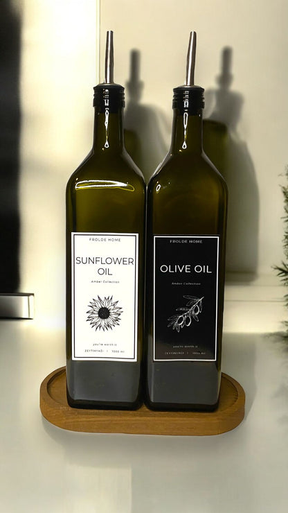 Ahşap Stantlı 2'li Vintage Amber 1000 Ml Cam Ayçiçek Yağı Zeytinyağı Şişesi Yağdanlık
