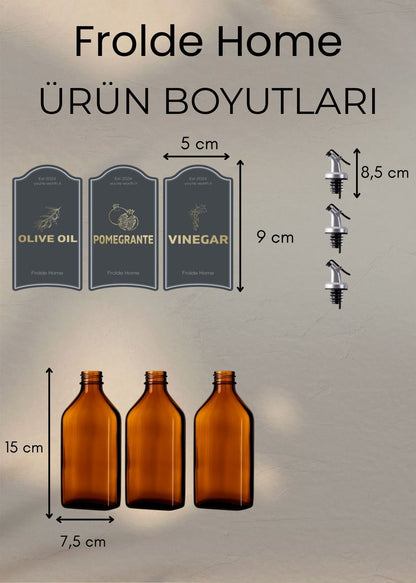 3lü Amber Set Zeytinyağı Sıvıyağ Sirke Şişesi Yağdanlık Vintage Retro