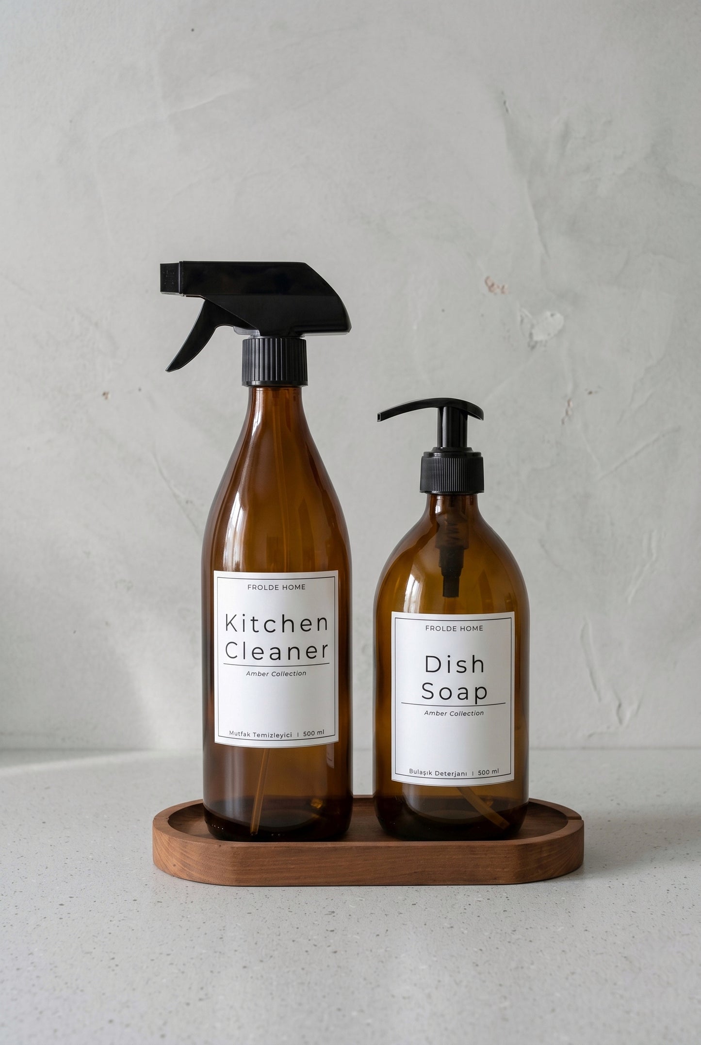 Ahşap Stantlı 2'li Amber Cam Bulaşık Deterjanı Kitchen Cleaner Sıvı Sabunluk 500ml