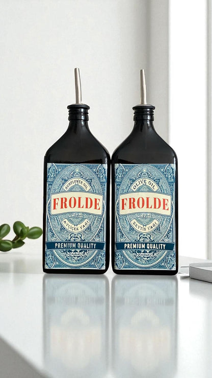 Ahşap Stantlı 2'li Amber 500 ml Yassı Cam Ayçiçek Yağı Zeytinyağı Şişesi Yağdanlık