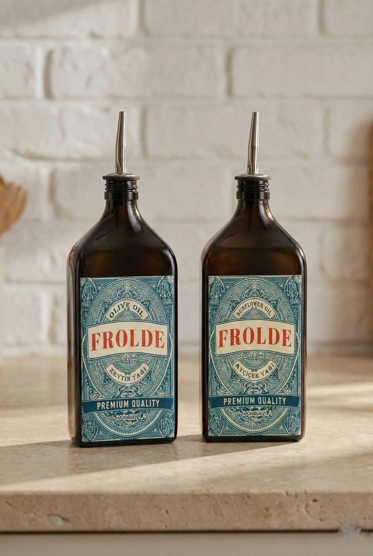 2'li Amber 500 ml Cam Yassı Ayçiçek Yağı Zeytinyağı Şişesi Yağdanlık