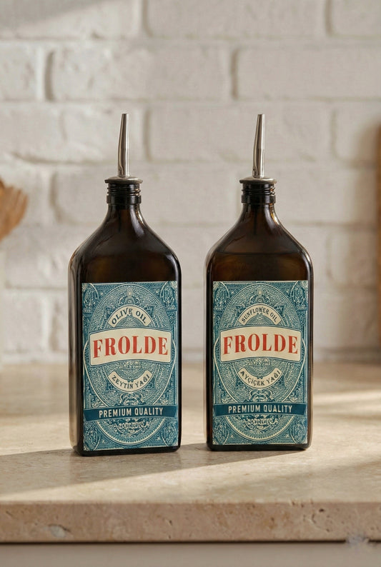 2'li Amber 500 ml Cam Yassı Ayçiçek Yağı Zeytinyağı Şişesi Yağdanlık