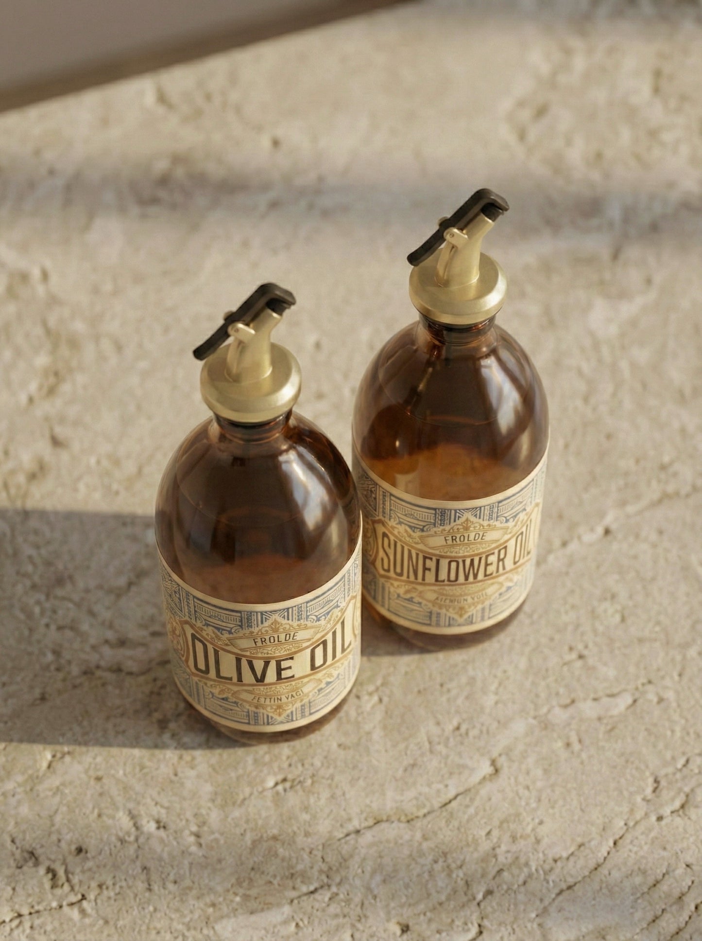 2’li Gold Altın Tıpalı Amber 500 ml Ayçiçek Yağı Zeytinyağı Şişesi Yağdanlık