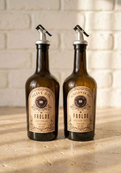 Ahşap Stantlı 2'li Amber 500 ml Cam Ayçiçek Yağı Zeytinyağı Şişesi Yağdanlık