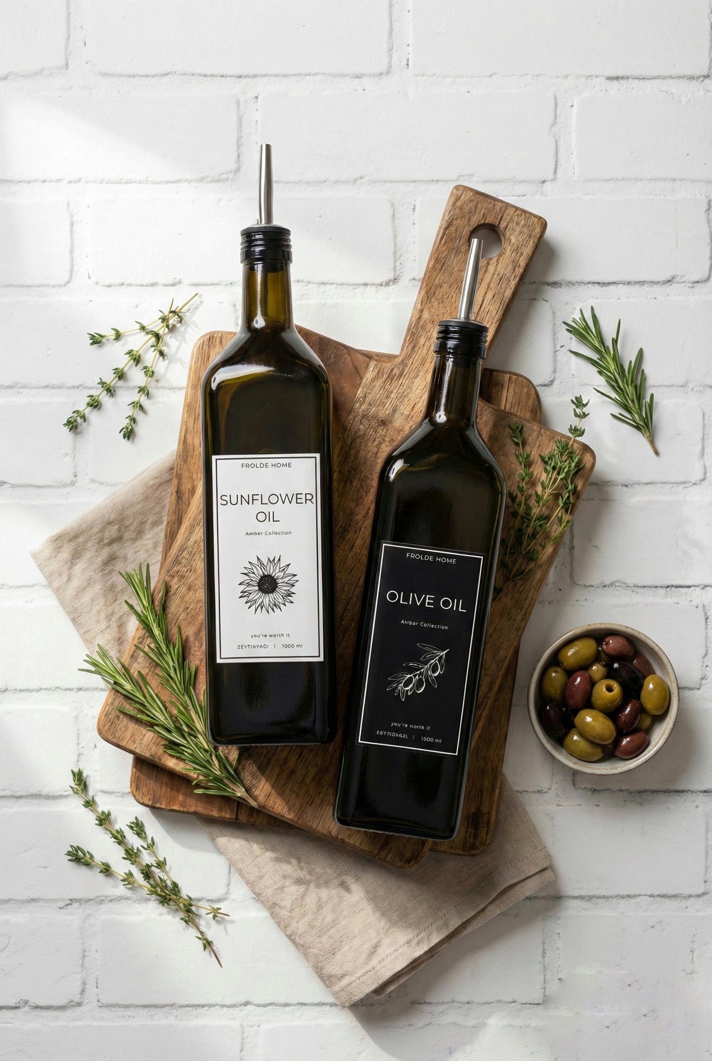 Ahşap Stantlı 2'li Vintage Amber 1000 Ml Cam Ayçiçek Yağı Zeytinyağı Şişesi Yağdanlık