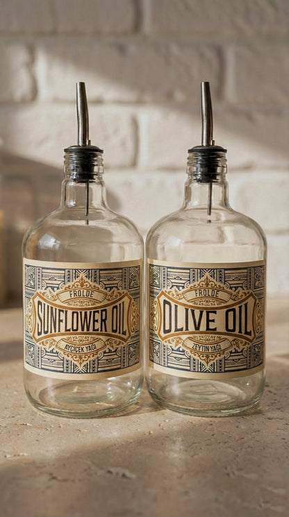 2'li Şeffaf Çelik Tıpalı 750Ml Cam Ayçiçek Yağı Zeytinyağı Şişesi Yağdanlık Vintage Retro