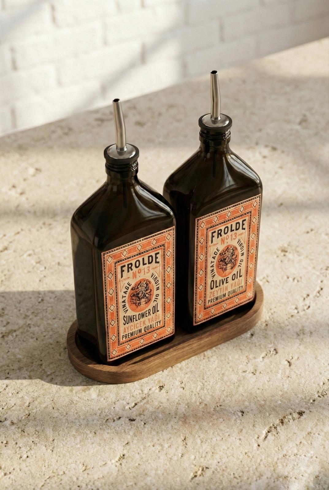 Ahşap Stantlı 2'li Amber 500 ml Yassı Cam Ayçiçek Yağı Zeytinyağı Şişesi Yağdanlık