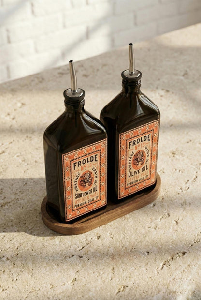 Ahşap Stantlı 2'li Amber 500 ml Yassı Cam Ayçiçek Yağı Zeytinyağı Şişesi Yağdanlık
