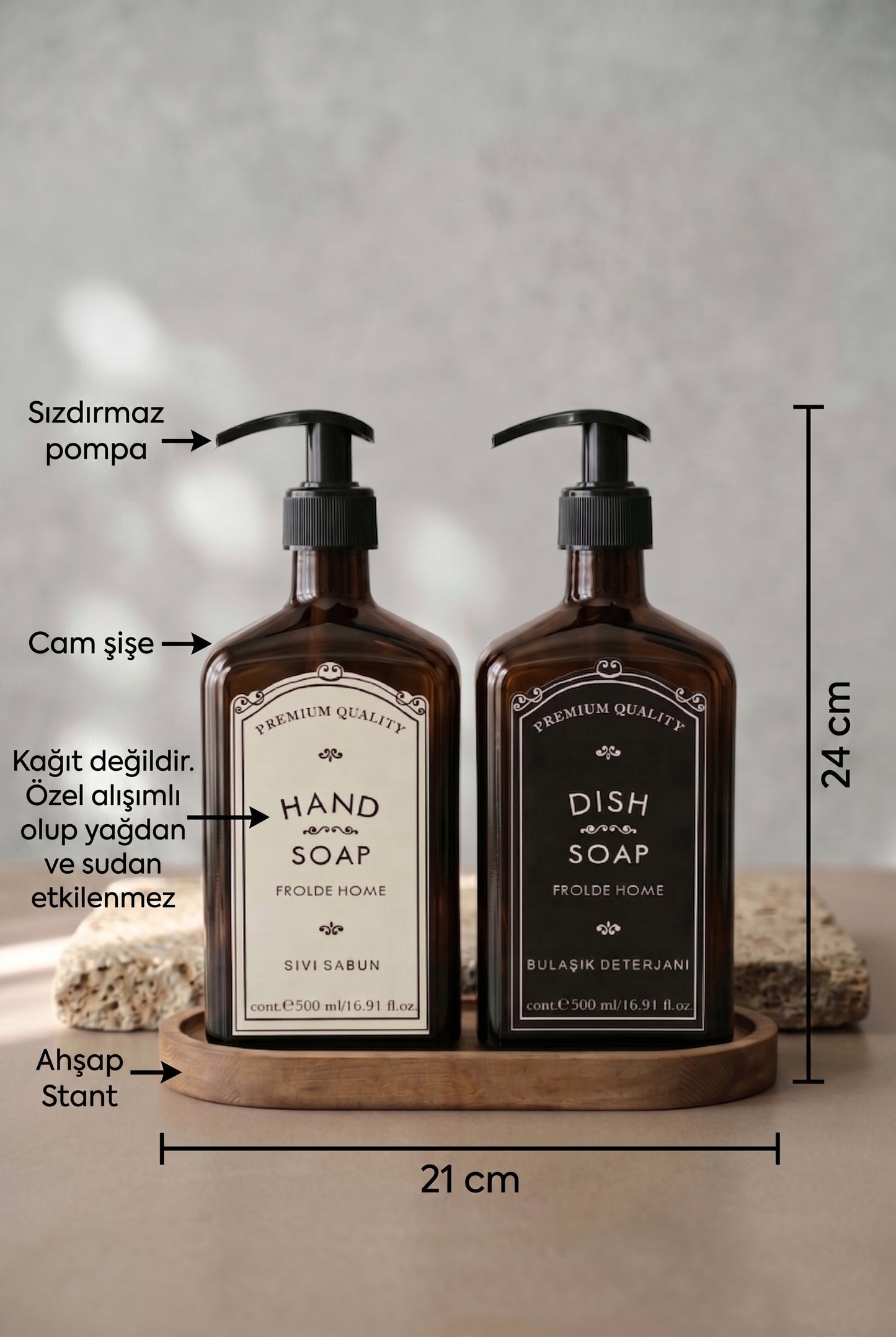 Ahşap Stantlı 2'li Premium Sıvı Sabunluk Amber Cam 500 ml Vintage