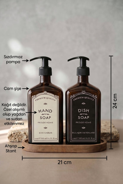 Ahşap Stantlı 2'li Premium Sıvı Sabunluk Amber Cam 500 ml Vintage