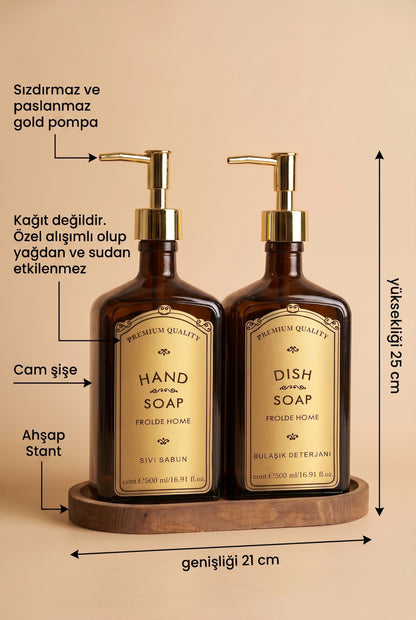 Ahşap Stantlı 2'li Gold Premium Sıvı Sabunluk Amber Cam 500 ml Vintage