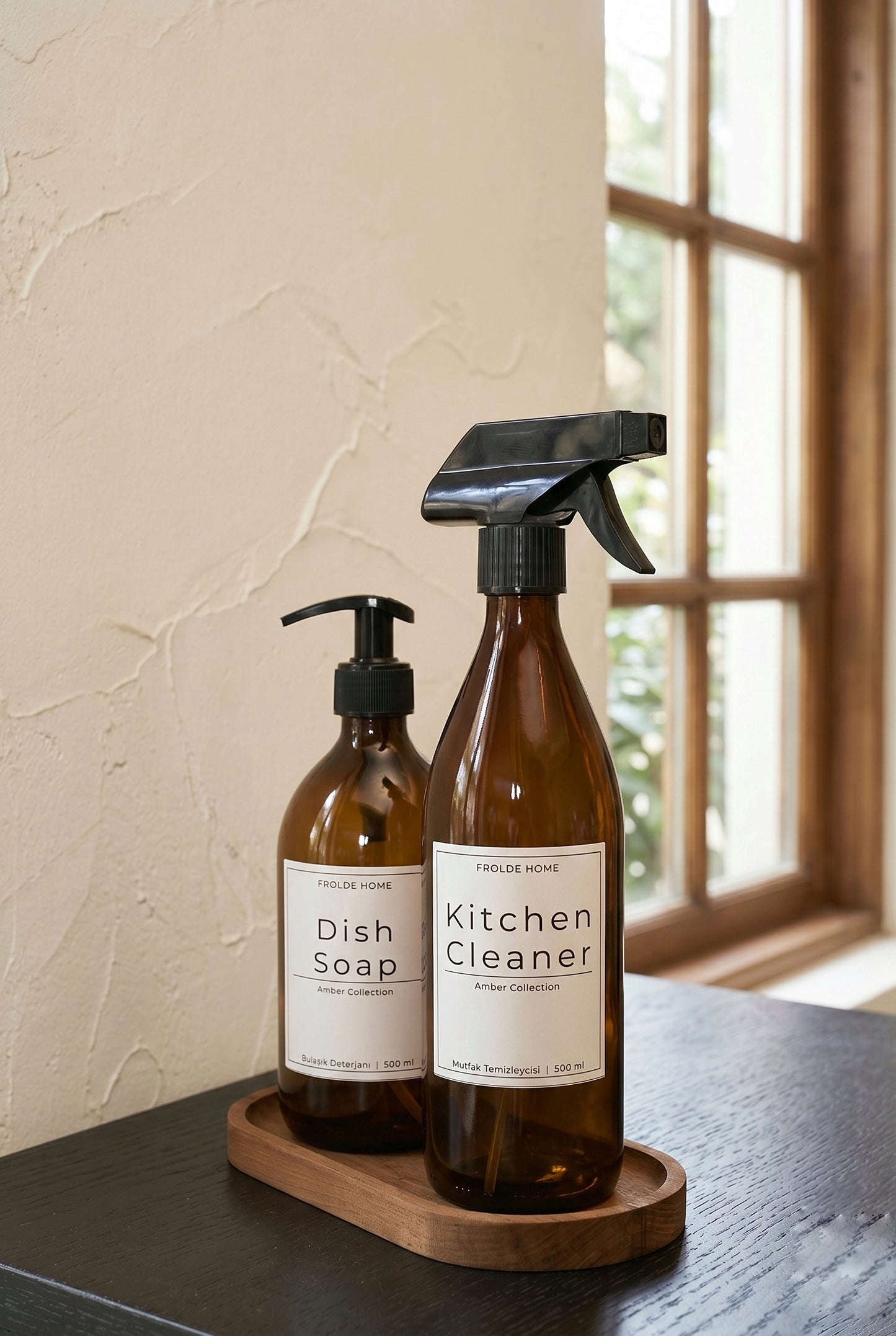 Ahşap Stantlı 2'li Amber Cam Bulaşık Deterjanı Kitchen Cleaner Sıvı Sabunluk 500ml