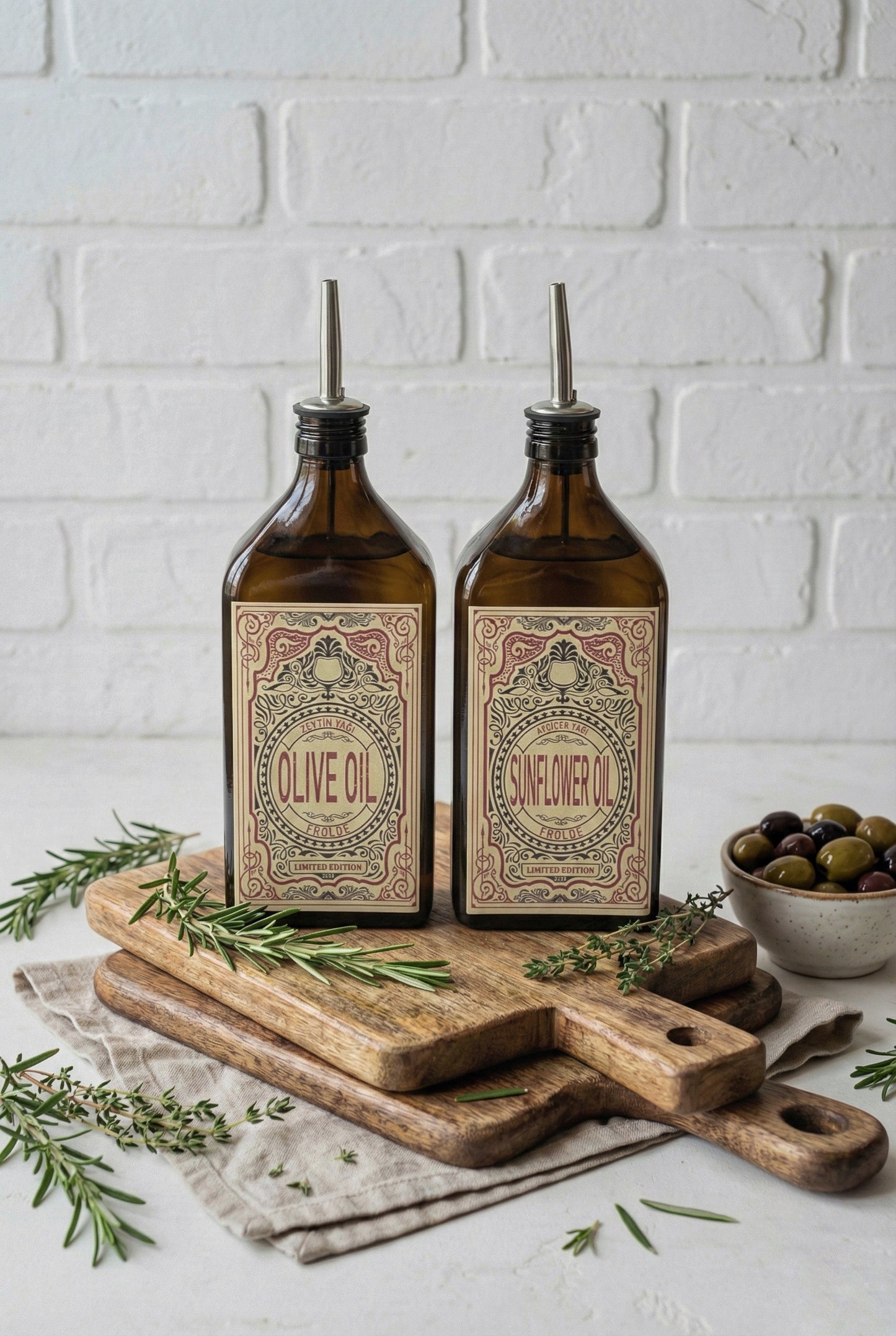 2'li Amber 500 ml Cam Yassı Ayçiçek Yağı Zeytinyağı Şişesi Yağdanlık Vintage Retro