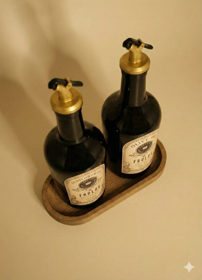 Ahşap Stantlı 2'li Amber Gold Tıpalı 500 Ml Cam Ayçiçek Yağı Zeytinyağı Şişesi Yağdanlık