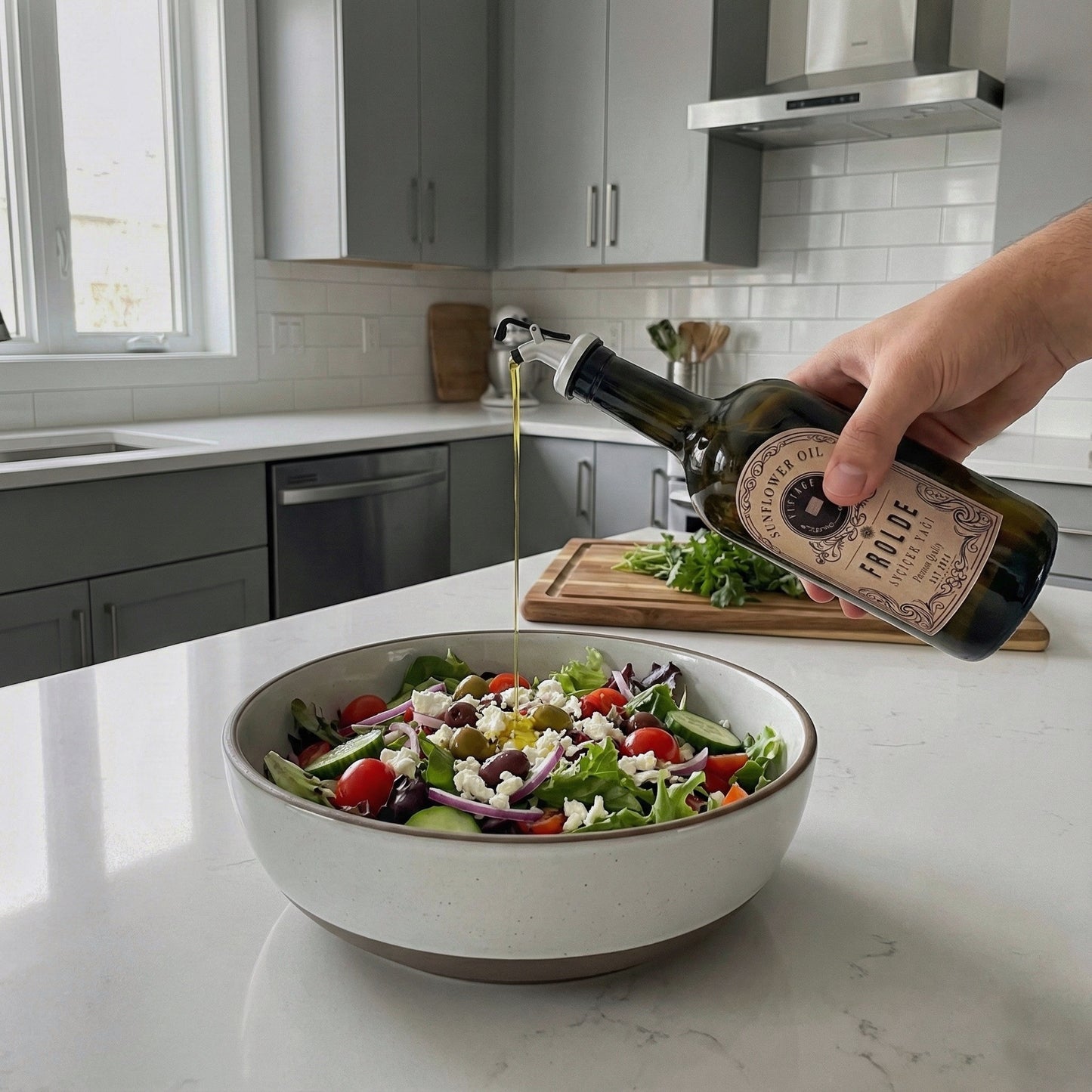 Ahşap Stantlı 2'li Amber 500 ml Cam Ayçiçek Yağı Zeytinyağı Şişesi Yağdanlık