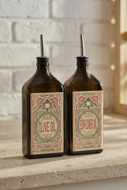 2'li Amber 500 ml Cam Yassı Ayçiçek Yağı Zeytinyağı Şişesi Yağdanlık Vintage Retro