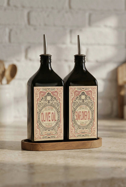 Ahşap Stantlı 2'li Amber 500 ml Yassı Cam Ayçiçek Yağı Zeytinyağı Şişesi Yağdanlık
