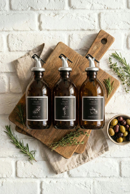 Frolde Home Meftune Oval Ahşap Stantlı Amber Zeytinyağı Limon Suyu Sirke Şişesi Yağdanlık 3lü Set 300ml