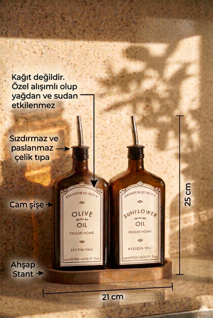 Ahşap Stantlı 2'li Amber 500 ml Yassı Cam Ayçiçek Yağı Zeytinyağı Şişesi Yağdanlık Vintage