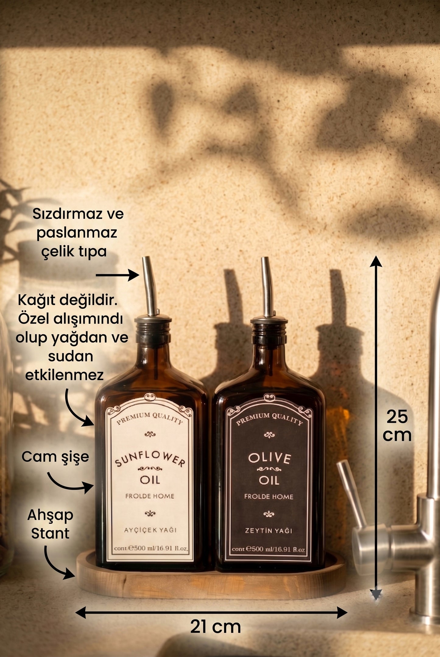 Ahşap Stantlı 2'li Amber 500 ml Yassı Cam Ayçiçek Yağı Zeytinyağı Şişesi Yağdanlık Vintage