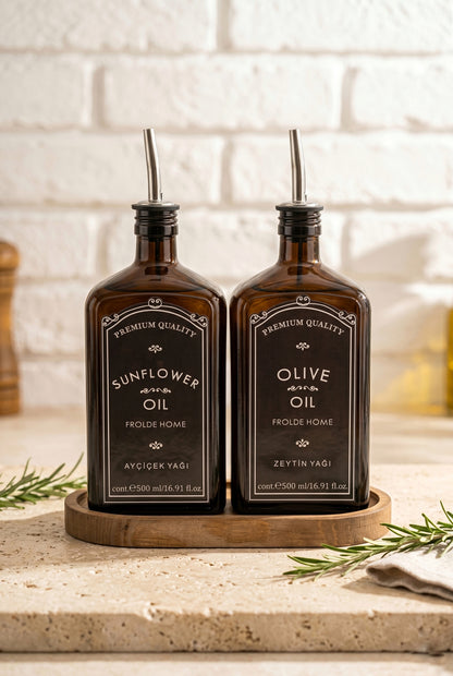 Ahşap Stantlı 2'li Amber 500 ml Yassı Cam Ayçiçek Yağı Zeytinyağı Şişesi Yağdanlık Vintage